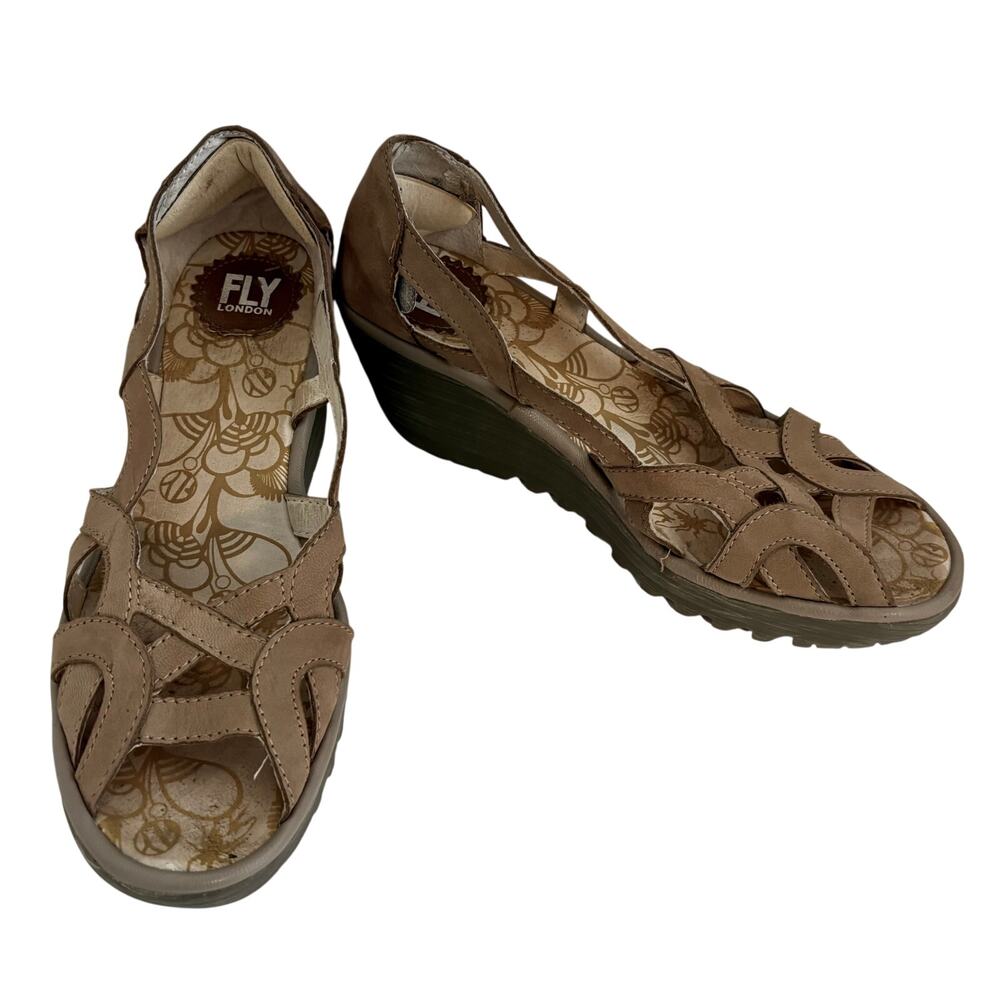 Fly London Yadi Taupe Leather Cutout Platform Wedge Sandals Peep Toe 39